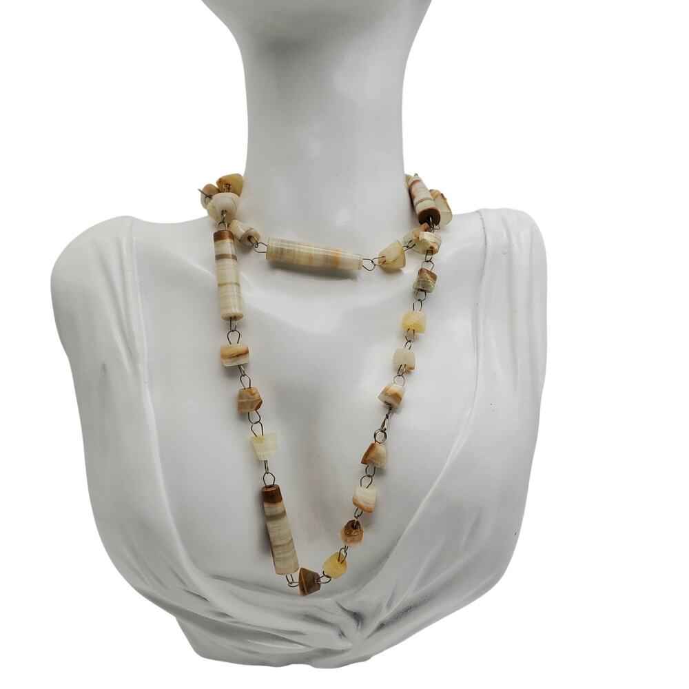Banded Onyx Tube Nugget Necklace Long Chain Genuine Stone Earth Tone Boho Vtg